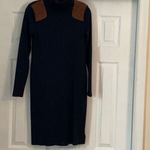 Lauren Navy Blue turtleneck dress, size small. Leather accents at shoulder.